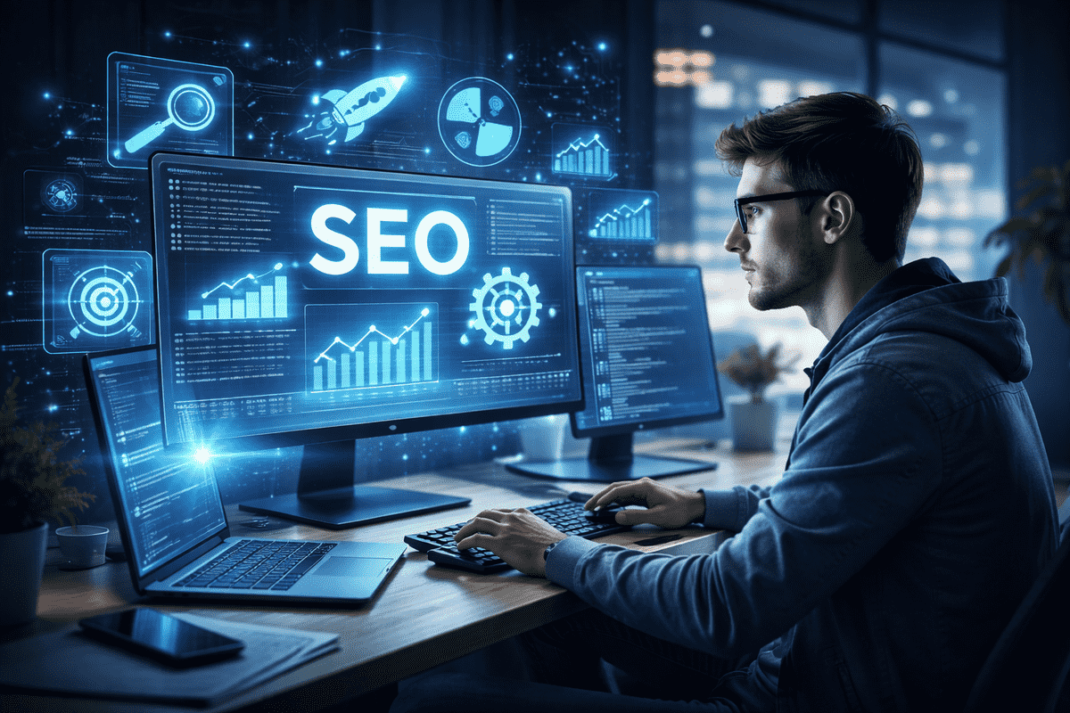 SEO web developer working on search-engine-optimized website design, improving website speed, structure, and Google rankings.