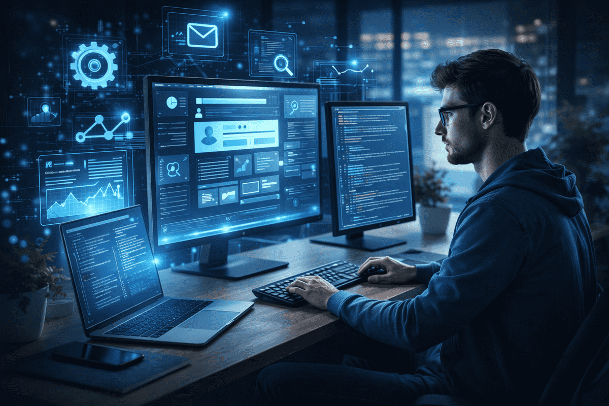 Developers working on custom web application development, creating secure, responsive, and scalable business solutions.