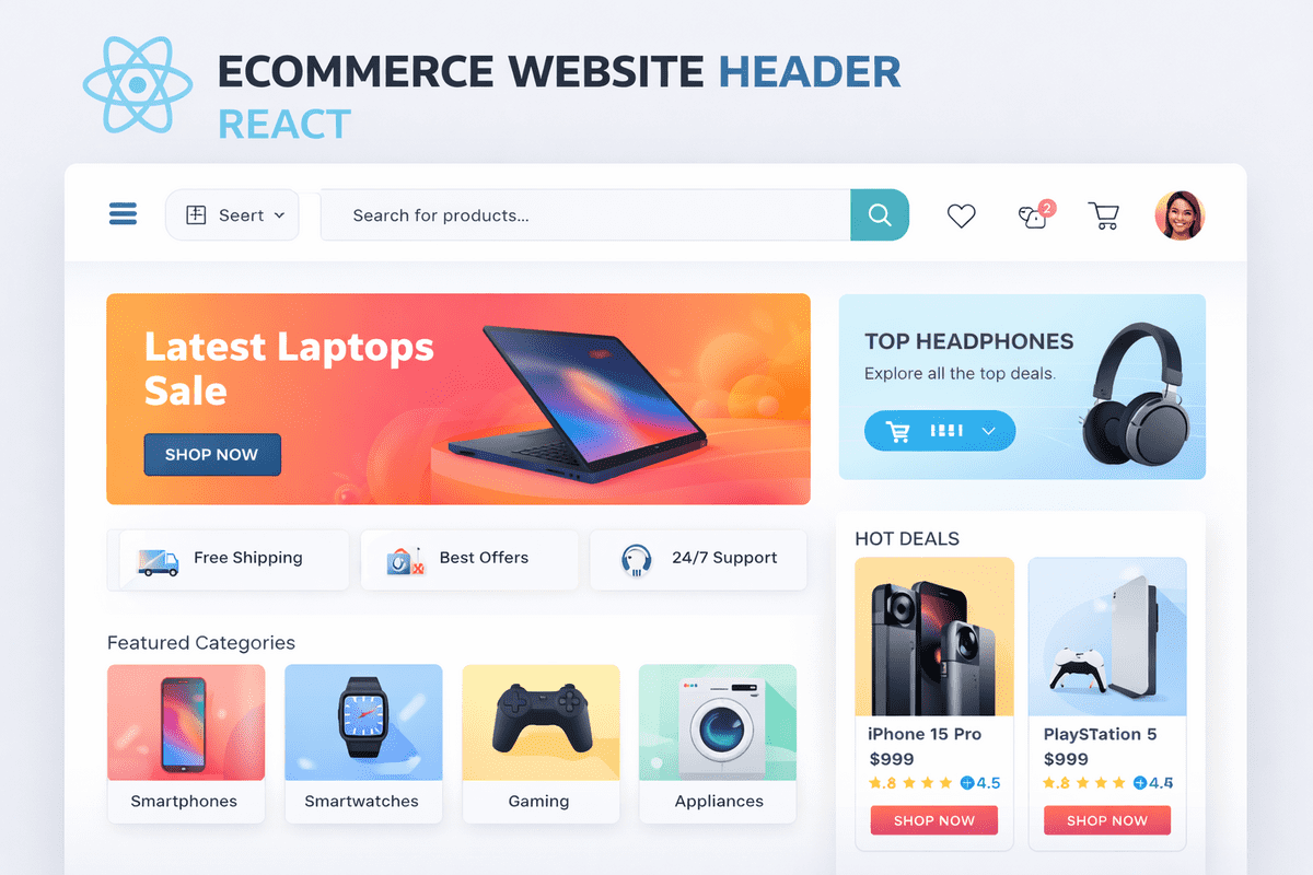 Ecommerce website header React design with navigation, search, and cart icons